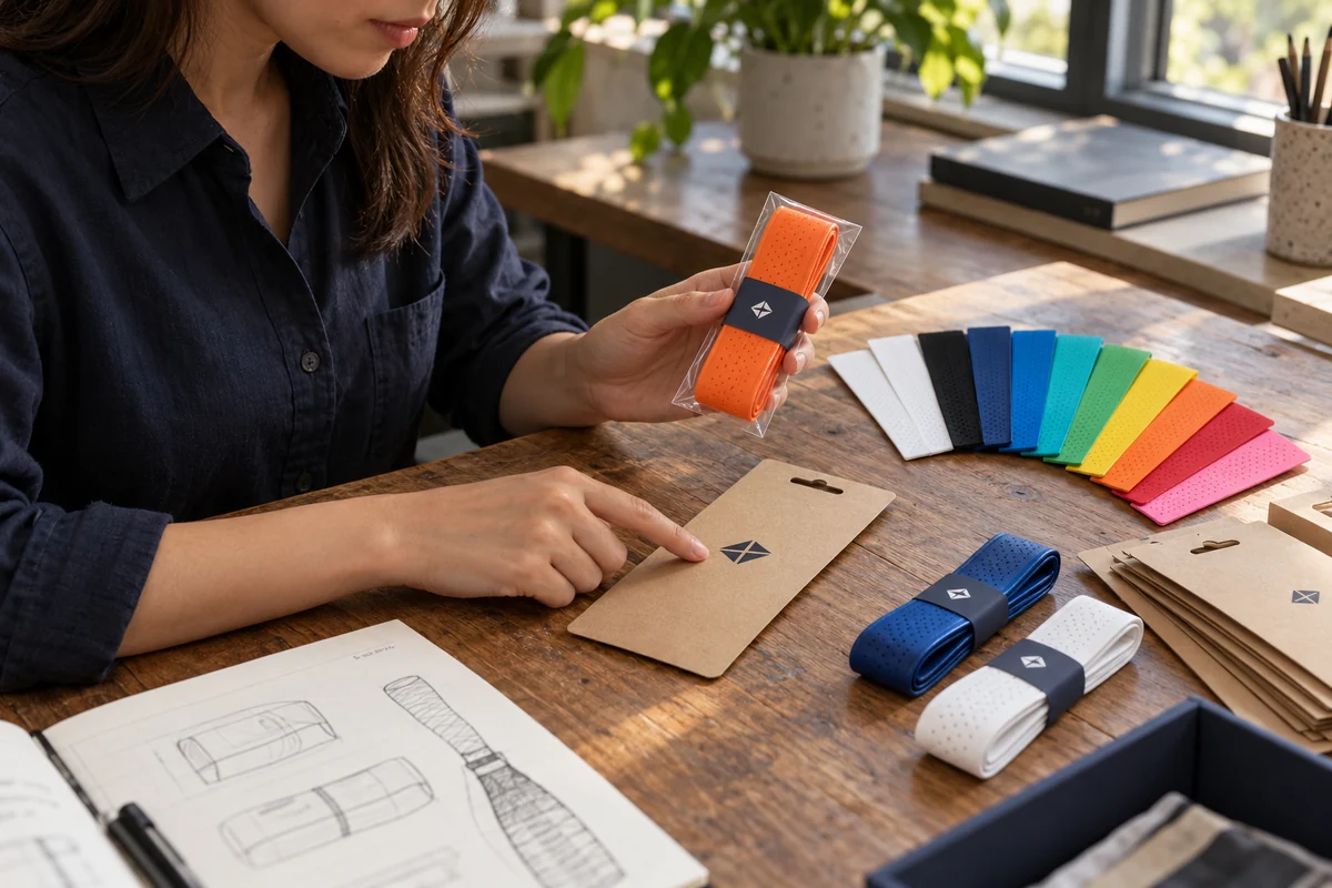Product developer reviewing custom grip packaging and color samples