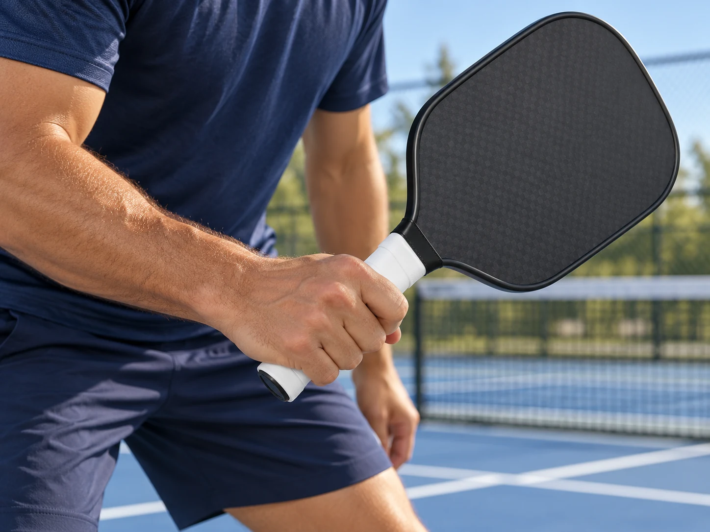 A pickleball player holding a paddle with OG-C01 white soft feel overgrip A pickleball player holding a paddle with OG-C01 white soft feel overgrip